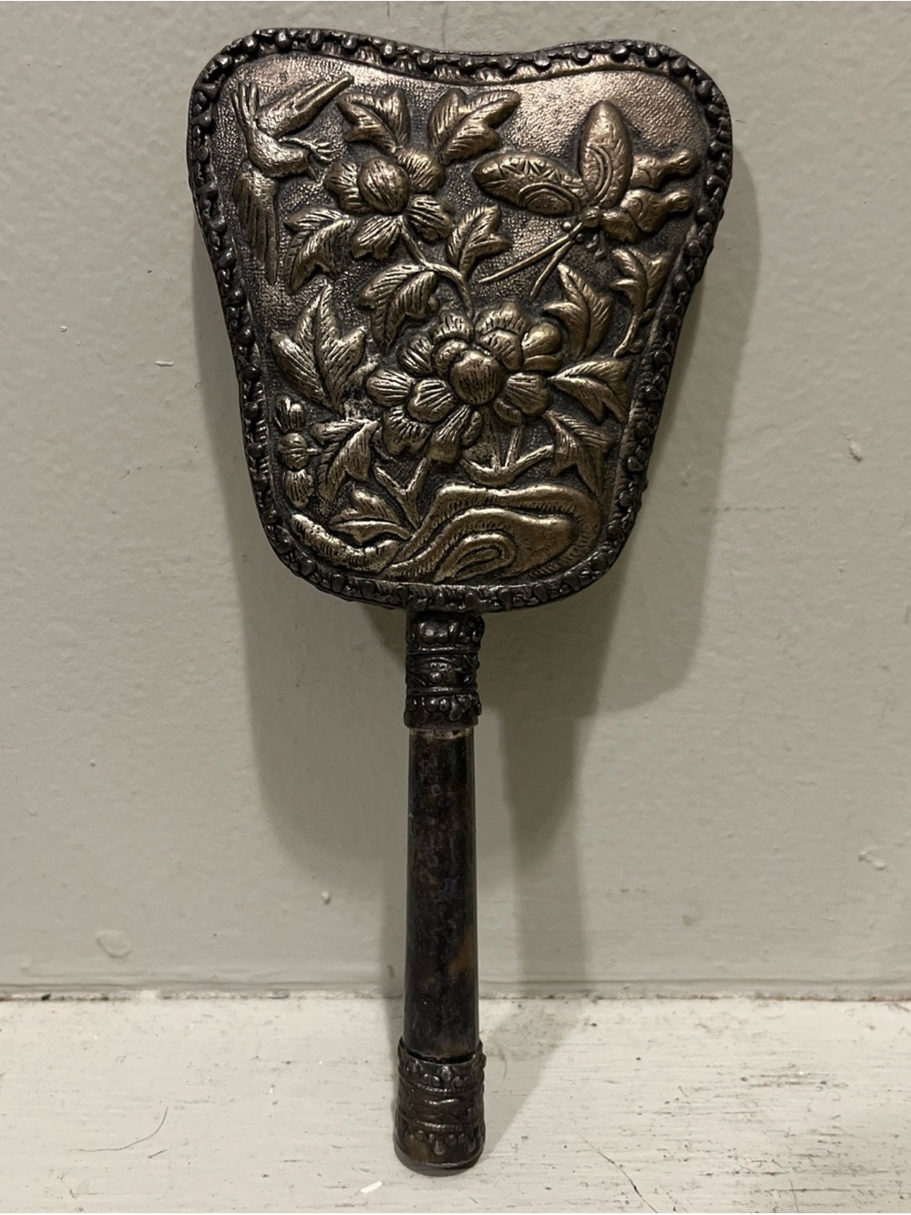 Vintage Ornate Floral Metal Silver Plated Hand Mirror